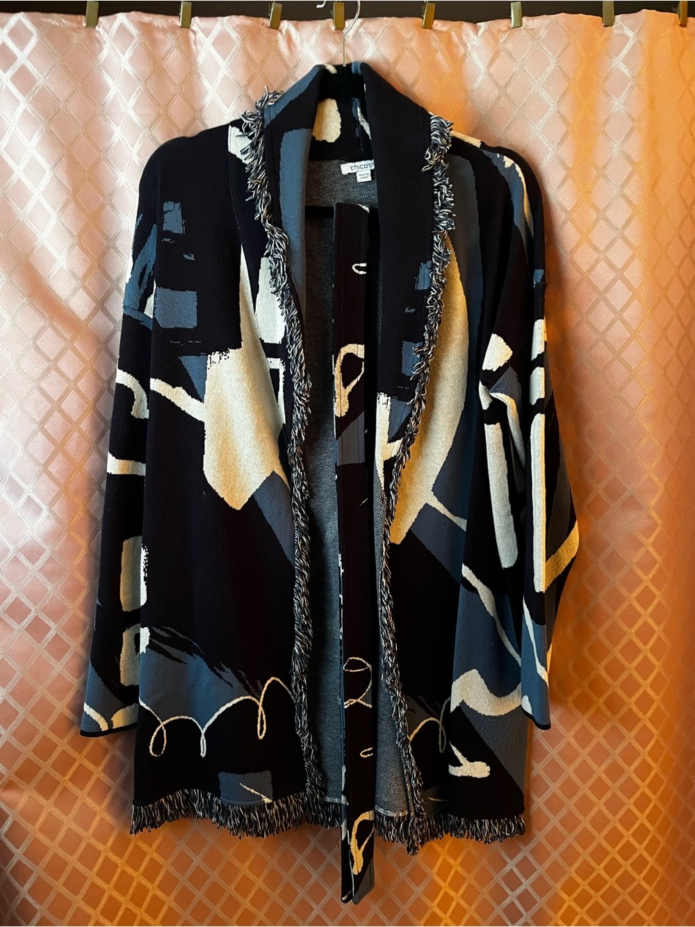 Chico's Black, Cream & Blue Abstract Fringe-Trim Cardigan